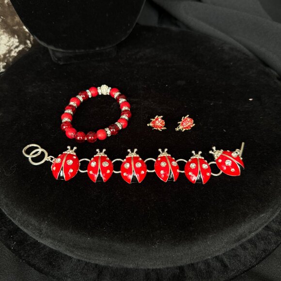 Ladybug Bracelets and Earrings Ladybird Toggle + Stretch Type and Studs EUC - Picture 4 of 7